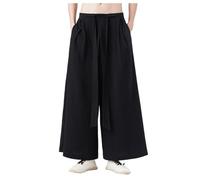 Duohropke Hakama Kung Fu Pantalon Chinoise en Soie Glace pour Homme avec Ourlet Large Wushu Kimono, Noir , M