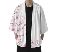 Duohropke Happi Kimono Haori Veste demi-saison unisexe à manches 3/4 Imprimé ample, Blanc., S