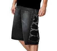 Duohropke Jorts Y2K Distressed Jean baggy déchiré pour homme avec poches, pantalon 3/4, évasé, coupe ample, en denim, pantalon de loisirs, pantalon de jogging, Noir , XXL