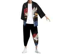 Duohropke Kimono d'été 2 pièces pour homme - Tenue à manches courtes - Tenue de loisirs - Short - Peignoir japonais - Cardigan imprimé traditionnel - Veste classique