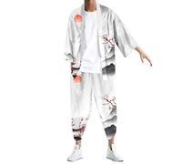 Duohropke Kimono d'été 2 pièces pour homme - Tenue à manches courtes - Tenue de loisirs - Short - Peignoir japonais - Cardigan imprimé traditionnel - Veste classique