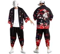 Duohropke Kimono d'été 2 pièces pour homme - Tenue à manches courtes - Tenue de loisirs - Short - Peignoir japonais - Cardigan imprimé traditionnel - Veste classique, rouge-a, M