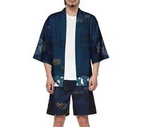 Duohropke Kimono homme japonais traditionnel 2 pièces tenue de loisirs peignoir à manches 3/4 cardigan yukata manteaux et shorts impression 3D chemise de plage maillot de bain court ensemble, Marine