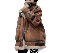 Duohropke Manteau en cuir velours pour femme avec doublure en Shearling Veste longue en simili-cuir Trench léger en cuir de voltige Veste en cuir pour pilote Veste en cuir de moto Zippée Doudoune