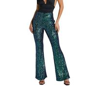 Duohropke Pantalon à paillettes pour femme, jambe large, taille haute, avec paillettes, élégant, style années 70, pantalon stretch pour club, fête, danse, vert, XXL