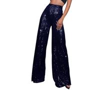 Duohropke Pantalon à paillettes pour femme - Taille haute - Avec paillettes - Élégant pantalon évasé des années 70 - Pantalon stretch pour club, fête, danse, 02 bleu foncé., L