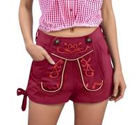 Duohropke Pantalon en cuir pour femme - Short traditionnel - Short court en cuir - Tenue de fête de la bière - Avec bretelles - Jean traditionnel pour fête de la bière - Occasions spéciales, Rouge
