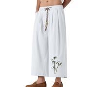Duohropke Pantalon en lin pour homme - Court - Pantalon sarouel japonais - Kimono traditionnel - 3/4 - Jambes larges - Pantalon de loisirs - Pantalon de pyjama décontracté - Short d'été - Short de