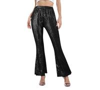 Duohropke Pantalon Évasé Métallisé Brillant pour Femme - Style Rétro Années 70 et 80 - Disco - Costume de Carnaval - Danse Latine, 02 Noir, S