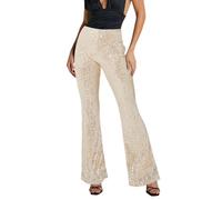 Duohropke Pantalon Évasé Métallisé Brillant pour Femme - Style Rétro Années 70 et 80 - Disco - Costume de Carnaval - Danse Latine, 01, Beige, S