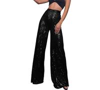 Duohropke Pantalon pailleté femme jambes larges taille haute avec paillettes élégant pantalon évasé années 70 pantalon stretch pour club fête soirée danse, 02 noir., L