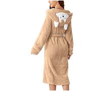 Duohropke Peignoir de sauna pour femme - En coton éponge - Super doux - Pour l'hiver - Avec capuche - Avec renard, kaki, L