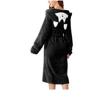 Duohropke Peignoir de sauna pour femme - En coton éponge - Super doux - Pour l'hiver - Avec capuche - Avec renard, Noir , S