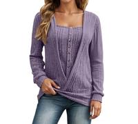 Duohropke Pull d'hiver en tricot pour femme - Faux pull deux pièces en maille côtelée - T-shirt à manches longues - Automne - Col rond - Pull léger côtelé - T-shirt long avec boutons - Tunique - Haut