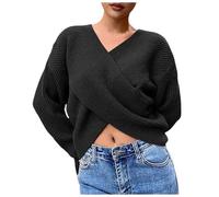 Duohropke Pull en tricot pour femme - Col en V profond - Aspect portefeuille - Manches longues - Crossover - Tricot fin - Haut en tricot - Pull ample, Noir 01, XL