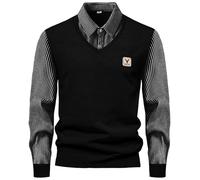 Duohropke Pull en tricot pour homme - Faux pull deux pièces - Tricot fin - Col de chemise - Manches longues - Cardigan tricoté avec col en V - Sweat-shirt à revers - Simplicité - T-shirt de loisirs