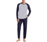 Duohropke Pyjama long en coton pour homme - Manches longues - Avec poche - Pantalon de pyjama - Ensemble 2 pièces - Multicolore, Marine, M