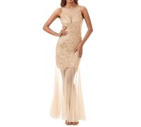 Duohropke Robe Charleston à paillettes pour femme - Style années 1920 - Col en V - Fête à thème Gatsby - Costume de carnaval - Robe à franges sans manches - Robe à paillettes, beige, S