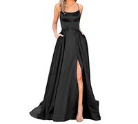 Duohropke Robe de soirée longue pour femme - Robe de cocktail en satin avec poches - Dos nu - Robe de mariée sexy - Robe de princesse - Robe de demoiselle d'honneur - Grandes tailles - Robe de soirée