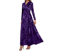 Duohropke Robe en velours à manches longues pour femme - Longueur genou - Robe portefeuille - Robe de cocktail - Robe festive - Automne - Hiver - Robe trapèze - Robe de soirée élégante, lilas, S