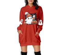 Duohropke Robe pull à capuche d'Halloween pour femme - Manches longues - Avec imprimé lettres - Robe pull - Automne et hiver - Élégante robe sweat à capuche - Mini robe avec capuche, rouge, XXL