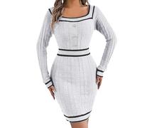 Duohropke Robe pull en tricot rayée pour femme - Robe d'hiver sexy - Robe midi avec col carré - Robe pull boutonnée - Pour l'automne et l'hiver - Mini robe sexy - Robe de fête élégante