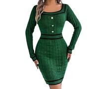 Duohropke Robe pull en tricot rayée pour femme - Robe d'hiver sexy - Robe midi avec col carré - Robe pull boutonnée - Pour l'automne et l'hiver - Mini robe sexy - Robe de fête élégante
