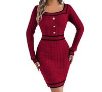 Duohropke Robe pull en tricot rayée pour femme - Robe d'hiver sexy - Robe midi avec col carré - Robe pull boutonnée - Pour l'automne et l'hiver - Mini robe sexy - Robe de fête élégante