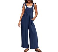 Duohropke Salopette d'été pour femme - Sans manches - Décontractée - En coton et lin - Décontractée - Élégante - Pour les vacances - Jambes larges - Pantalon long avec poches, Marine, XL