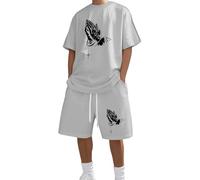 Duohropke Survêtement pour homme Jésus chrétien T-shirt léger Short de sport imprimé Gestes Combinaison de loisirs T-shirt amusant et short de randonnée Hippie Streetwear Confortable Tenue d'été Tenue