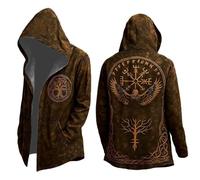 Duohropke Sweat à capuche Viking longueur moyenne pour homme imprimé 3D mythe Odin printemps automne capes cosplay médiéval costume personnalité motard tendance cardigan cadeau scandinave, Marron 1
