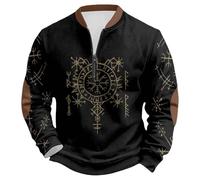 Duohropke Sweat-shirt pour homme, imprimé viking, pull de travail sans capuche, demi-fermeture éclair, tricoté, tête de loup, impression 3D, pull médiéval pour l'automne, l'hiver, l'extérieur, 06 noir