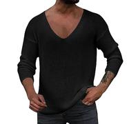 Duohropke T-shirt à manches longues pour homme avec col en V profond - Manches longues - Coupe ajustée - Stretch - Coupe ajustée - Pull - Col en V - T-shirt de course - T-shirt de sport, Noir , S