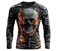 Duohropke T-shirt de sport à manches longues pour homme avec impression 3D tête de mort surdimensionnée - Col rond - Chemise de loisirs - T-shirt de randonnée - T-shirt de fitness - Haut de sport