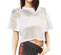 Duohropke T-shirt en maille pour femme - Manches courtes - Haut en maille - Tunique d'été - Vêtement de plage - Col rond - Bikini de plage - Costume d'aérobic - Sexy, Blanc., XXL