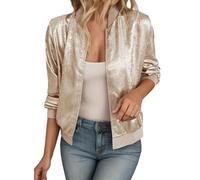 Duohropke Veste Bomber Femme Blouson Court Paillettes Manches Longues Manteau Paillettes Brillant Veste d'Aviateur Veste de Motard Col Baseball Vestes Automne Fermeture Éclair Veste de Mi-saison Veste