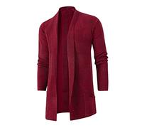 Duohropke Veste en tricot pour homme - Cardigan long uni - Veste ouverte à bords découpés - Veste basique pour la mi-saison - Sweat-shirt - Veste longue à manches - Manteau à col montant, rouge, L
