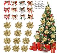 DUOJIN 12 Pcs Décoration Fleur de Noël Poinsettia Artificiel Fleur de Simulation d’Or, avec 12 Nœuds de Noël et 12 Clips - Kit Complet Ornements Accessoires de Guirlande de Noël et Sapin de Noël
