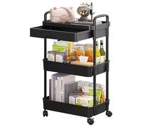 DUOJIN Chariot de rangement 3 étages avec poignée, paniers en filet et roues verrouillables pour salle de bain, cuisine, bureau, salle de classe (noir)