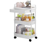 DUOJIN Chariot de Rangement à 3 étages avec Poignée, Chariot de Rangement Multifonction avec Paniers en Filet et Roues Verrouillables pour Salle de Bain, Cuisine, Bureau, Salle de Classe (Blanc)