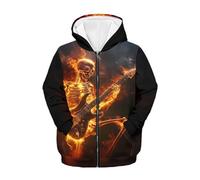 DUOLIFU Sweat à capuche zippé imprimé 3D pour enfants avec motif tête de mort, Guitare Fire Skull, 11-13 ans