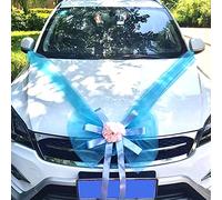 Duories Décoration de voiture en organza pour mariés - Pour mariage - Grand nœud en tulle - Nœud géant pour voiture - Décoration de mariage - Pour fête de la Saint-Valentin - Bleu A