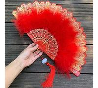 Duories Éventail à plumes avec pendentif à pompon - Éventail pliable vintage victorien espagnol - Pour femme - Idéal comme cadeau de mariage, d'été, fête, carnaval - Rouge