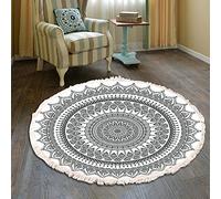 Duories Tapis rond en coton tissé à la main - Motif mandala - Style bohème vintage - Avec pompons - Lavable en machine - Pour chambre à coucher, couloir, salon, table basse - 120 cm - Fleurs #36