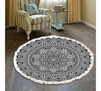 Duories Tapis rond en coton tissé à la main - Motif mandala - Style bohème vintage - Avec pompons - Lavable en machine - Pour chambre à coucher, couloir, salon, table basse - 100 cm - Fleurs #30