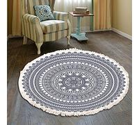 Duories Tapis rond en coton tissé à la main - Motif mandala - Style bohème vintage - Avec pompons - Lavable en machine - Pour chambre à coucher, couloir, salon, table basse - 100 cm - Fleurs #32