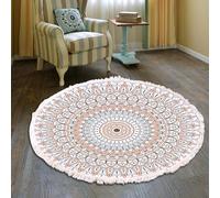 Duories Tapis rond en coton tissé à la main - Motif mandala - Style bohème vintage - Avec pompons - Lavable en machine - Pour chambre à coucher, couloir, salon, table basse - 120 cm - Fleurs #24