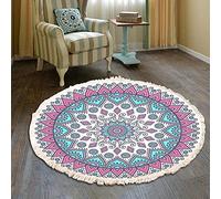 Duories Tapis rond en coton tissé à la main - Motif mandala - Style bohème vintage - Avec pompons - Lavable en machine - Pour chambre à coucher, couloir, salon, table basse - 120 cm - Fleurs #22