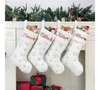 Duosheng & Elegant Chaussette de Noël à suspendre en fausse fourrure, parfaite décoration de fêtes familiales, personnalisable avec un nom écrit en grand, blanc