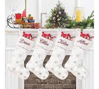 Duosheng & Elegant Lot de 4 chaussettes de Noël à suspendre en fausse fourrure, parfaite décoration de fêtes familiales, personnalisable avec un nom écrit en grand, blanc